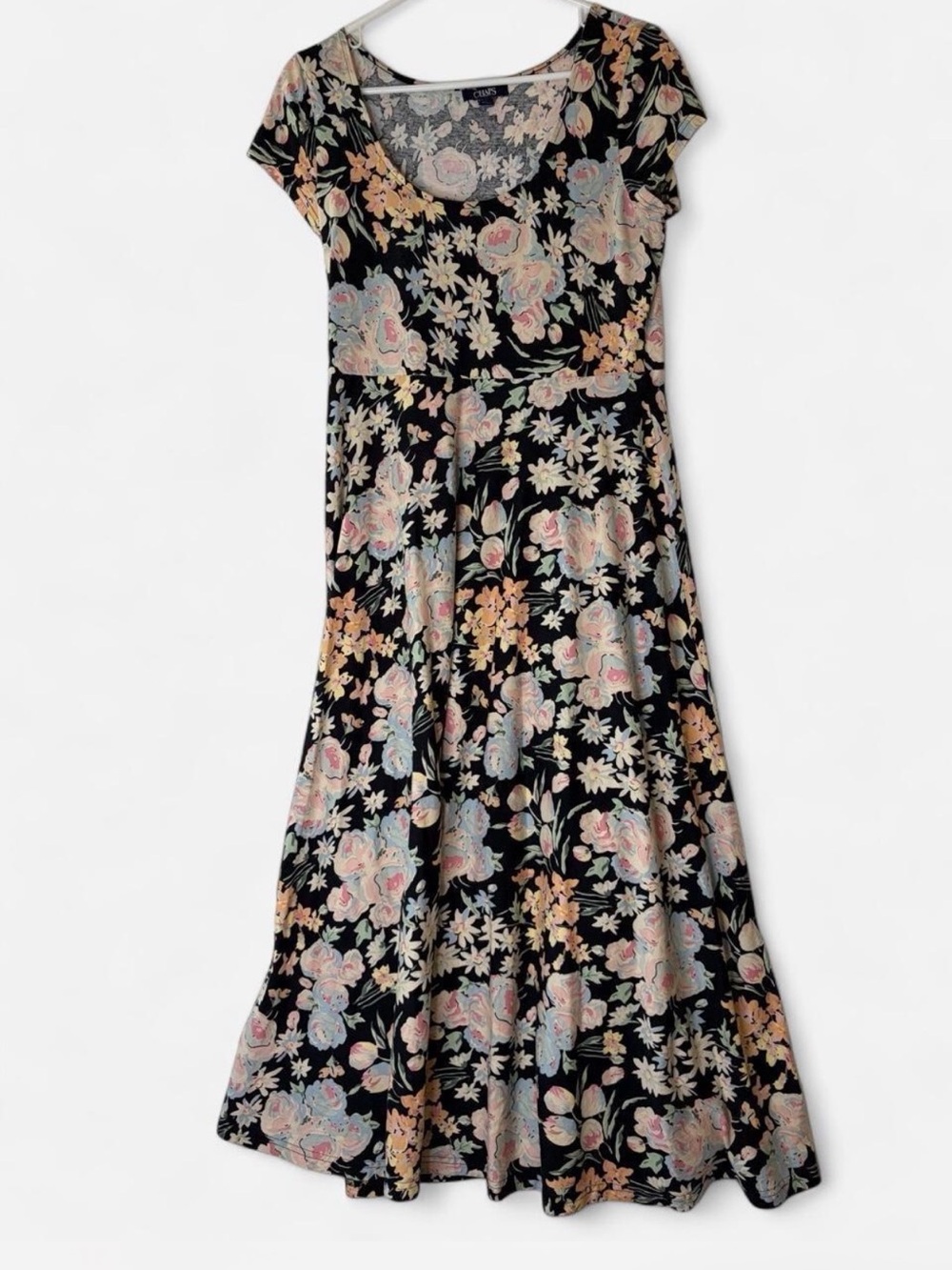 Chaps Black Floral Maxi Dress Size L 100% Cotton Knit Pastel Rose Cap Sleeve